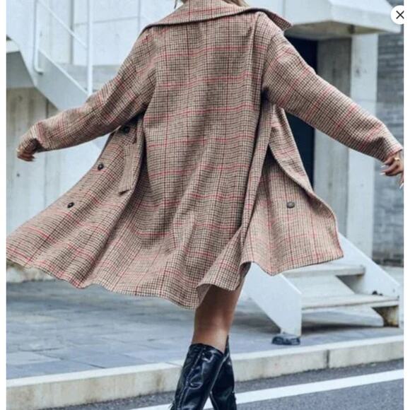 Ann Taylor Houndstooth Overcoat Jacket Cream Black Pink XXL Preppy Academia NWOT - Picture 2 of 12